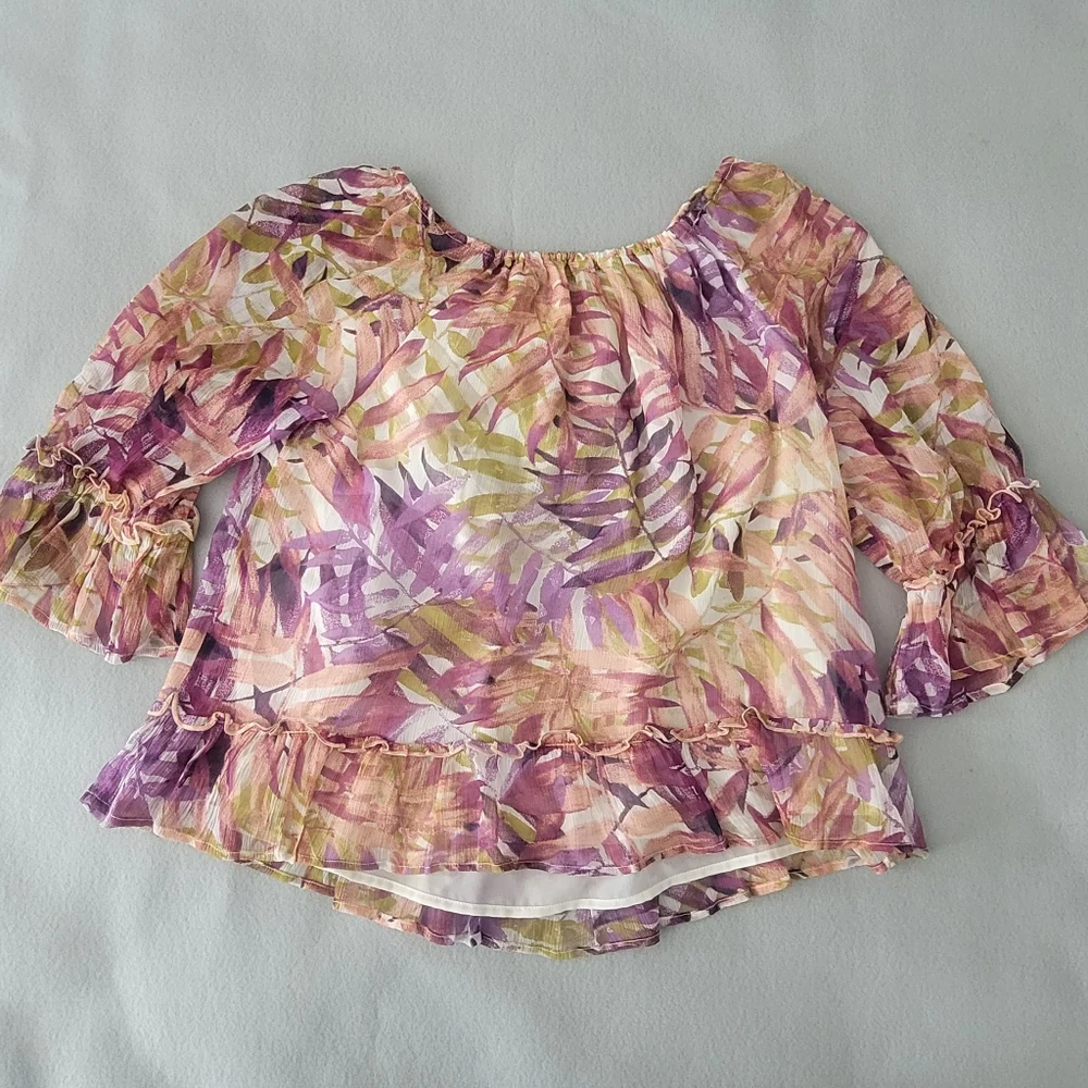 Lucky Brand Botanical Chiffon Blouse Women's Size L Tiered Sleeves & Hem Lined - Picture 9 of 11